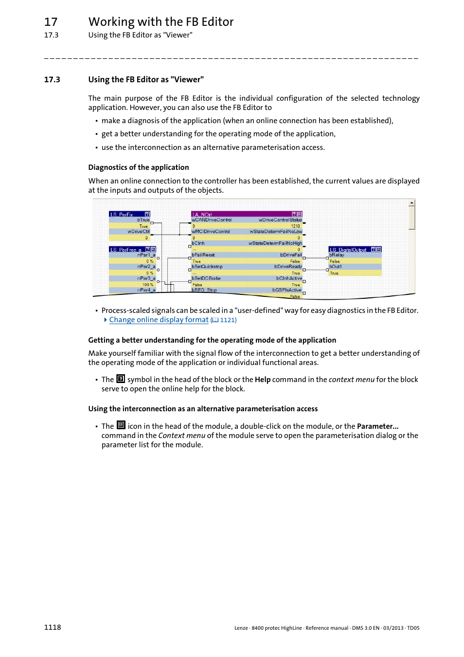 3 using the fb editor as "viewer, 3 using the fb editor as "viewer" 8, 17 working with the fb editor | Lenze 8400 User Manual | Page 1118 / 1494