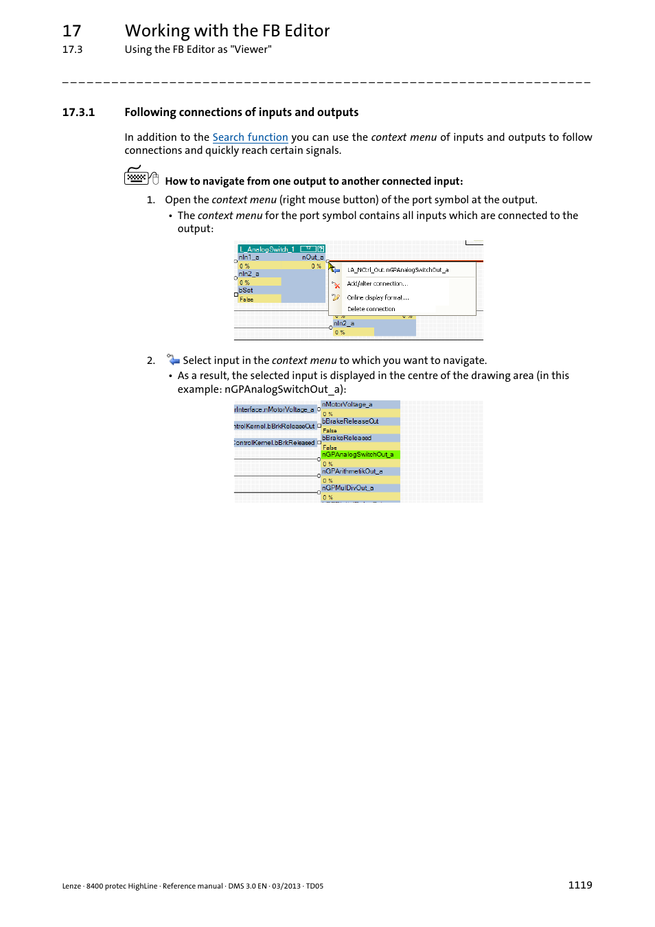 1 following connections of inputs and outputs, Following connections of inputs and outputs 9, 17 working with the fb editor | Lenze 8400 User Manual | Page 1119 / 1494