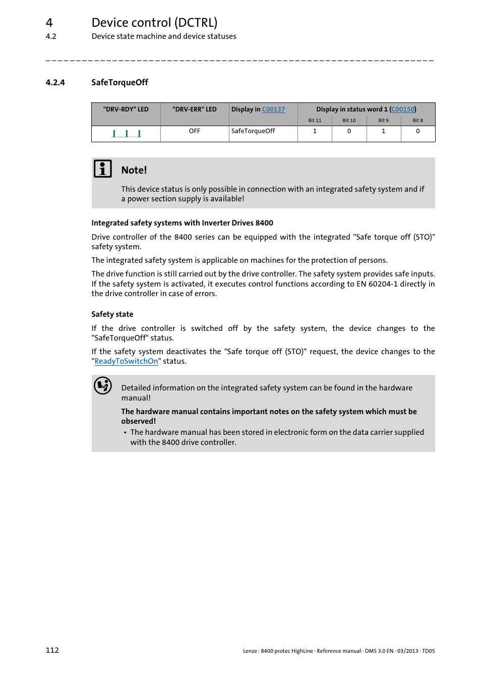 4 safetorqueoff, Safetorqueoff, 4device control (dctrl) | Lenze 8400 User Manual | Page 112 / 1494