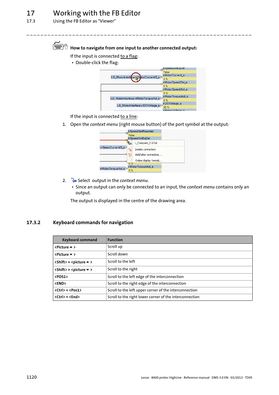 2 keyboard commands for navigation, Keyboard commands for navigation 0, 17 working with the fb editor | Lenze 8400 User Manual | Page 1120 / 1494