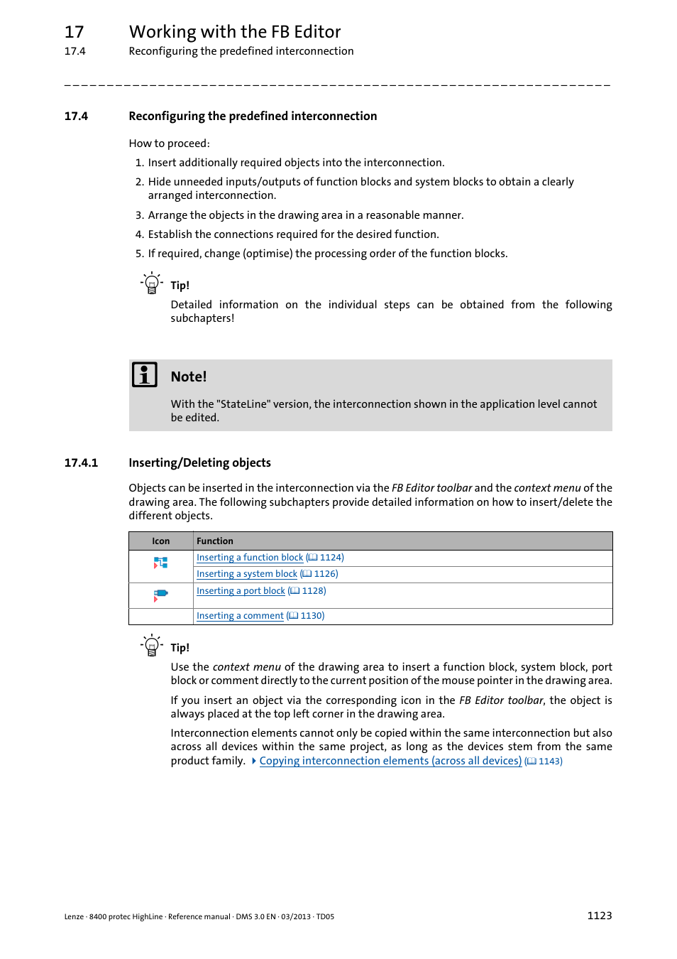 4 reconfiguring the predefined interconnection, 1 inserting/deleting objects, 4 reconfiguring the predefined interconnection 3 | Inserting/deleting objects 3, 17 working with the fb editor | Lenze 8400 User Manual | Page 1123 / 1494