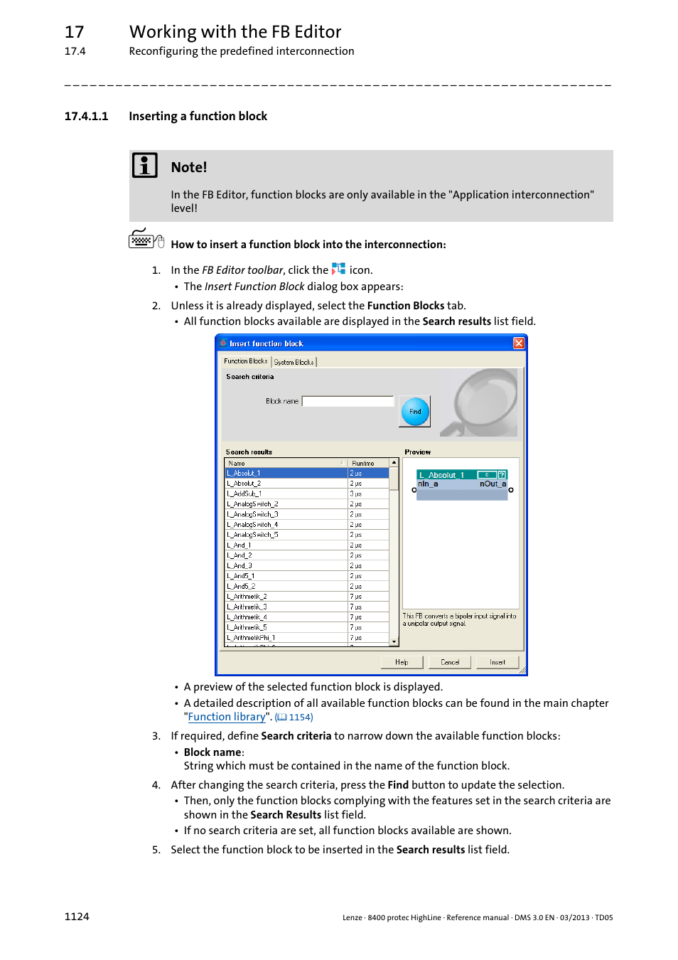 1 inserting a function block, Inserting a function block 4, Inserting a function block ( 1124) | 17 working with the fb editor | Lenze 8400 User Manual | Page 1124 / 1494