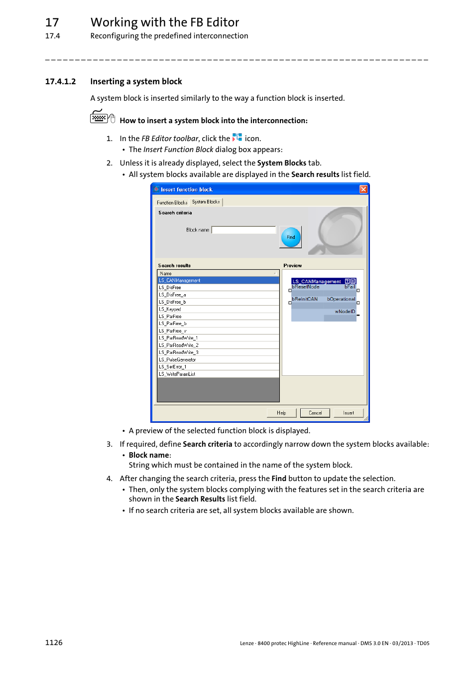 2 inserting a system block, Inserting a system block 6, Inserting a system block ( 1126) | 17 working with the fb editor | Lenze 8400 User Manual | Page 1126 / 1494