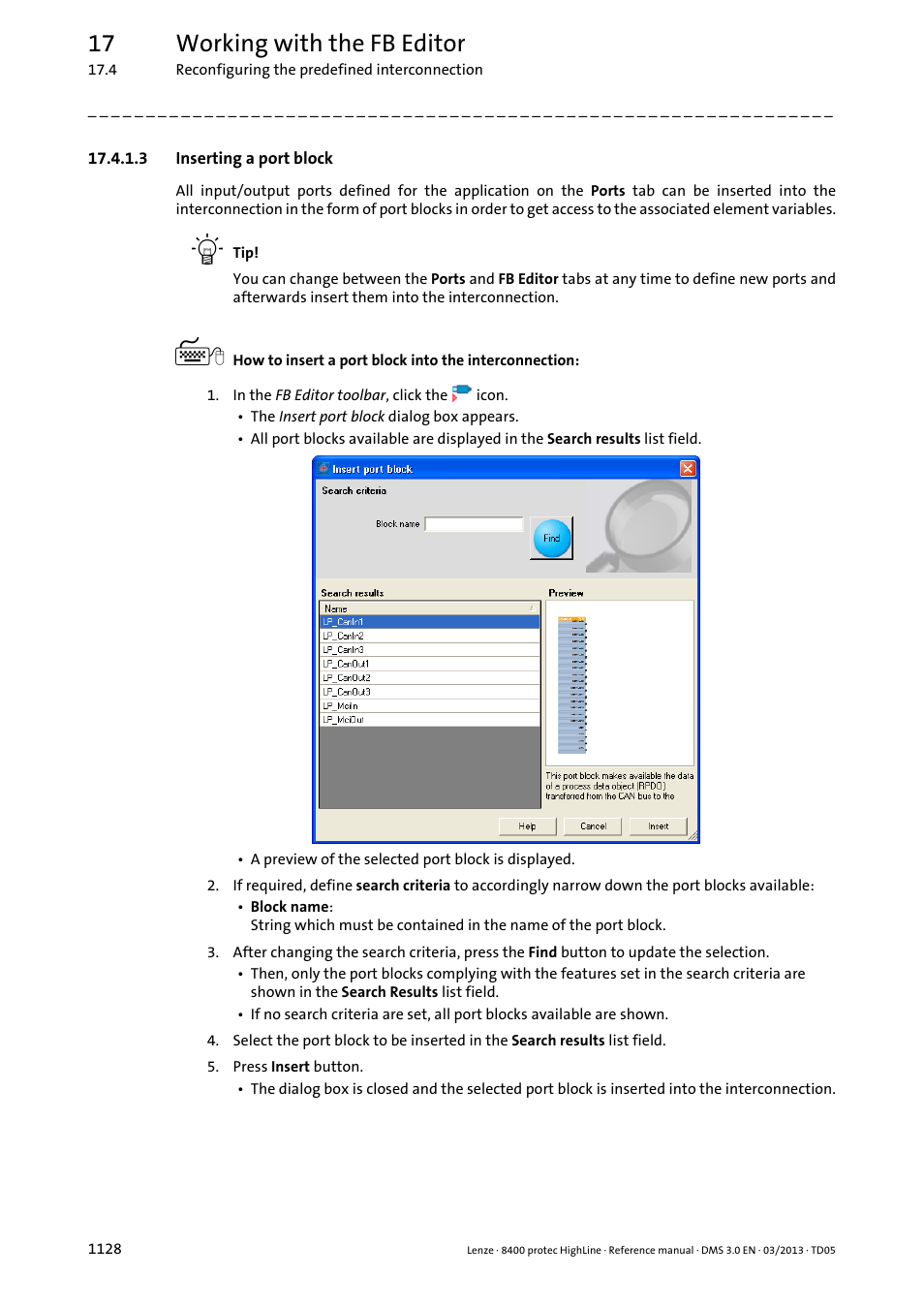 3 inserting a port block, Inserting a port block 8, Inserting a port block ( 1128) | 17 working with the fb editor | Lenze 8400 User Manual | Page 1128 / 1494