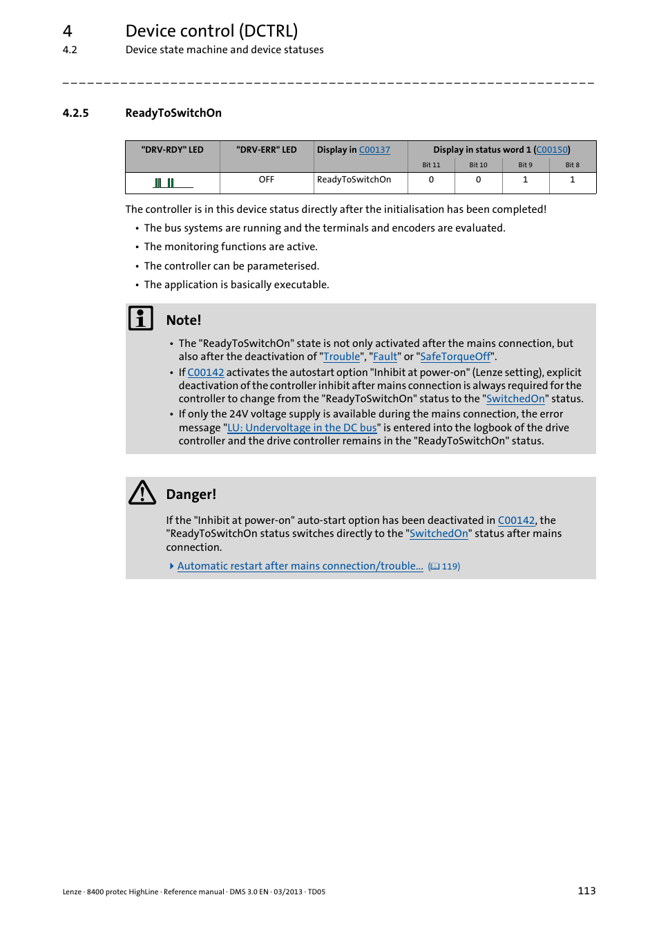 5 readytoswitchon, Readytoswitchon, 4device control (dctrl) | Danger | Lenze 8400 User Manual | Page 113 / 1494