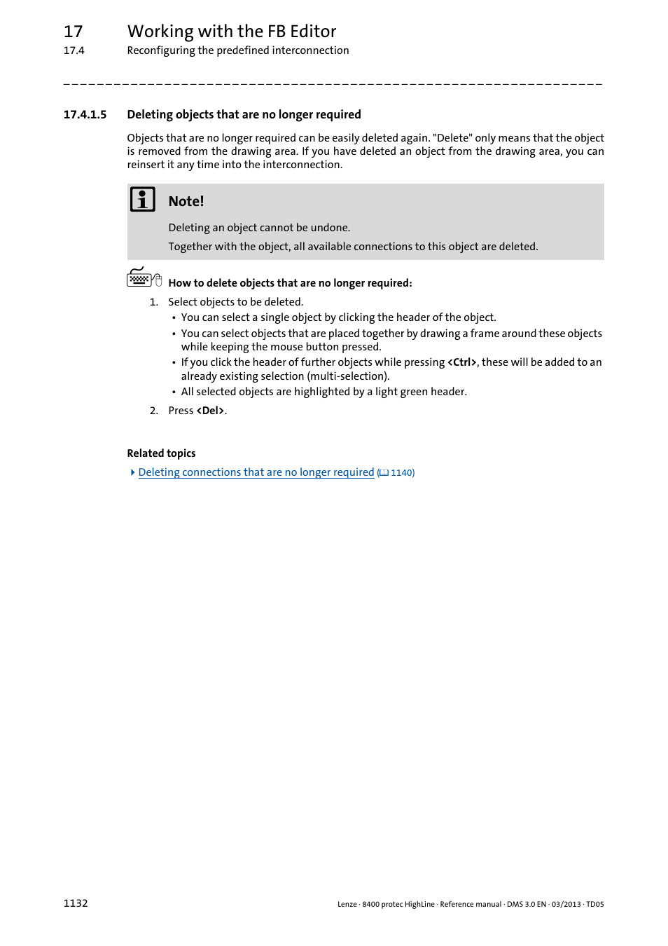 5 deleting objects that are no longer required, Deleting objects that are no longer required 2, Deleting objects that are no longer required | 17 working with the fb editor | Lenze 8400 User Manual | Page 1132 / 1494