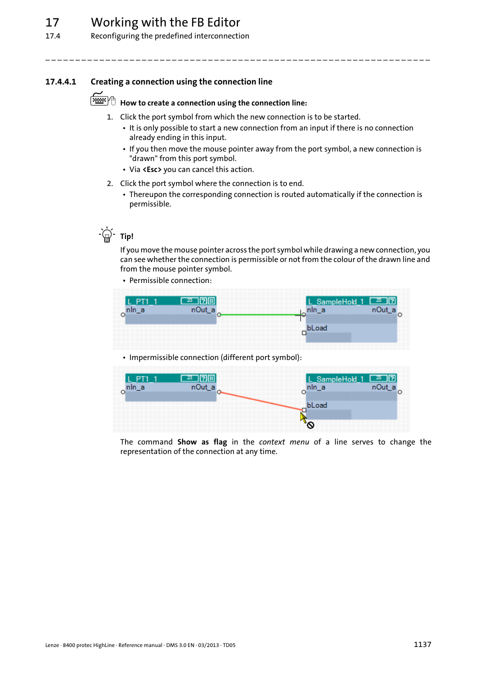 1 creating a connection using the connection line, Creating a connection using the connection line 7, 17 working with the fb editor | Lenze 8400 User Manual | Page 1137 / 1494