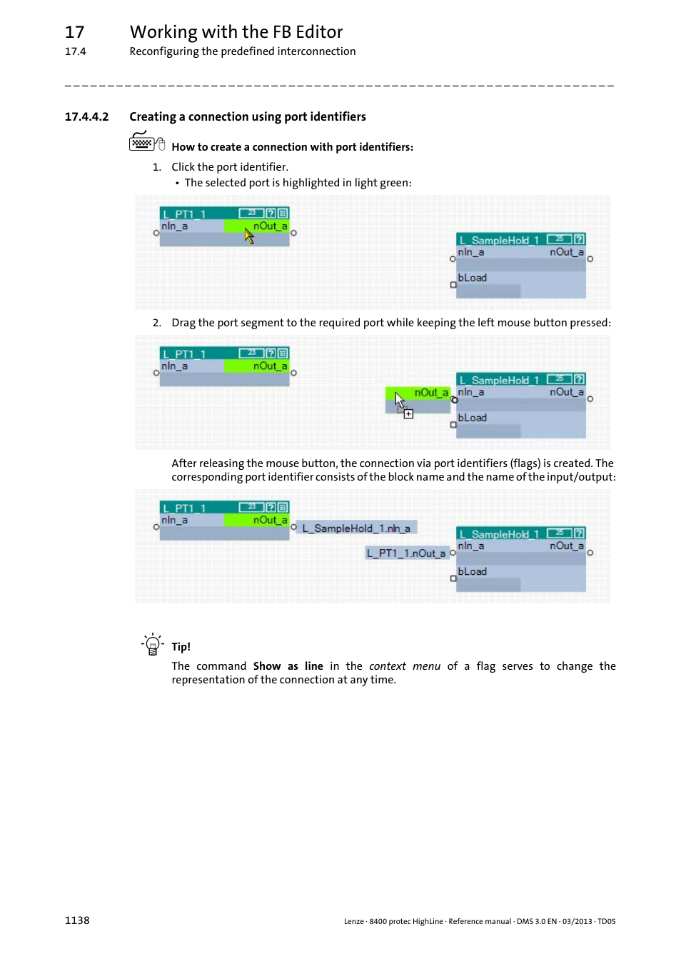 2 creating a connection using port identifiers, Creating a connection using port identifiers 8, 17 working with the fb editor | Lenze 8400 User Manual | Page 1138 / 1494