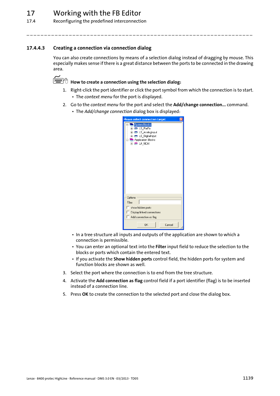 3 creating a connection via connection dialog, Creating a connection via connection dialog 9, 17 working with the fb editor | Lenze 8400 User Manual | Page 1139 / 1494