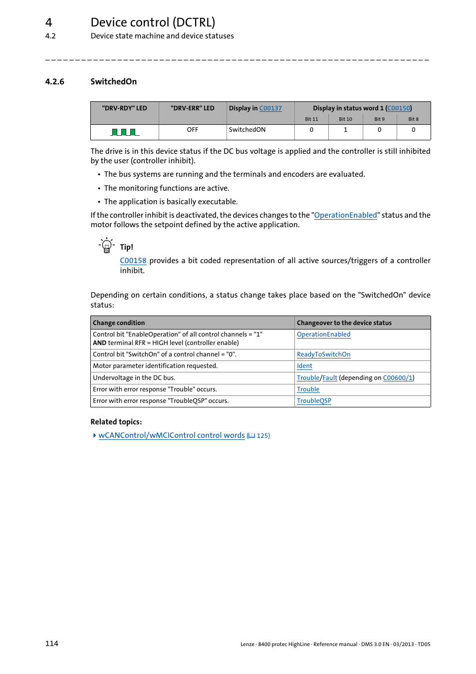 6 switchedon, Switchedon, Stat | 4device control (dctrl) | Lenze 8400 User Manual | Page 114 / 1494