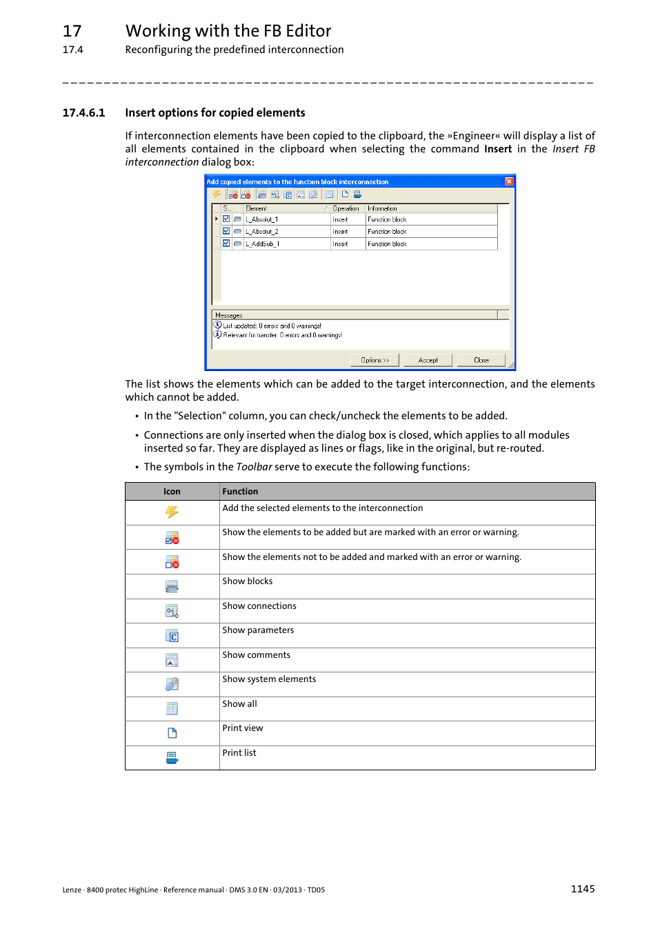 1 insert options for copied elements, Insert options for copied elements 5, 17 working with the fb editor | Lenze 8400 User Manual | Page 1145 / 1494