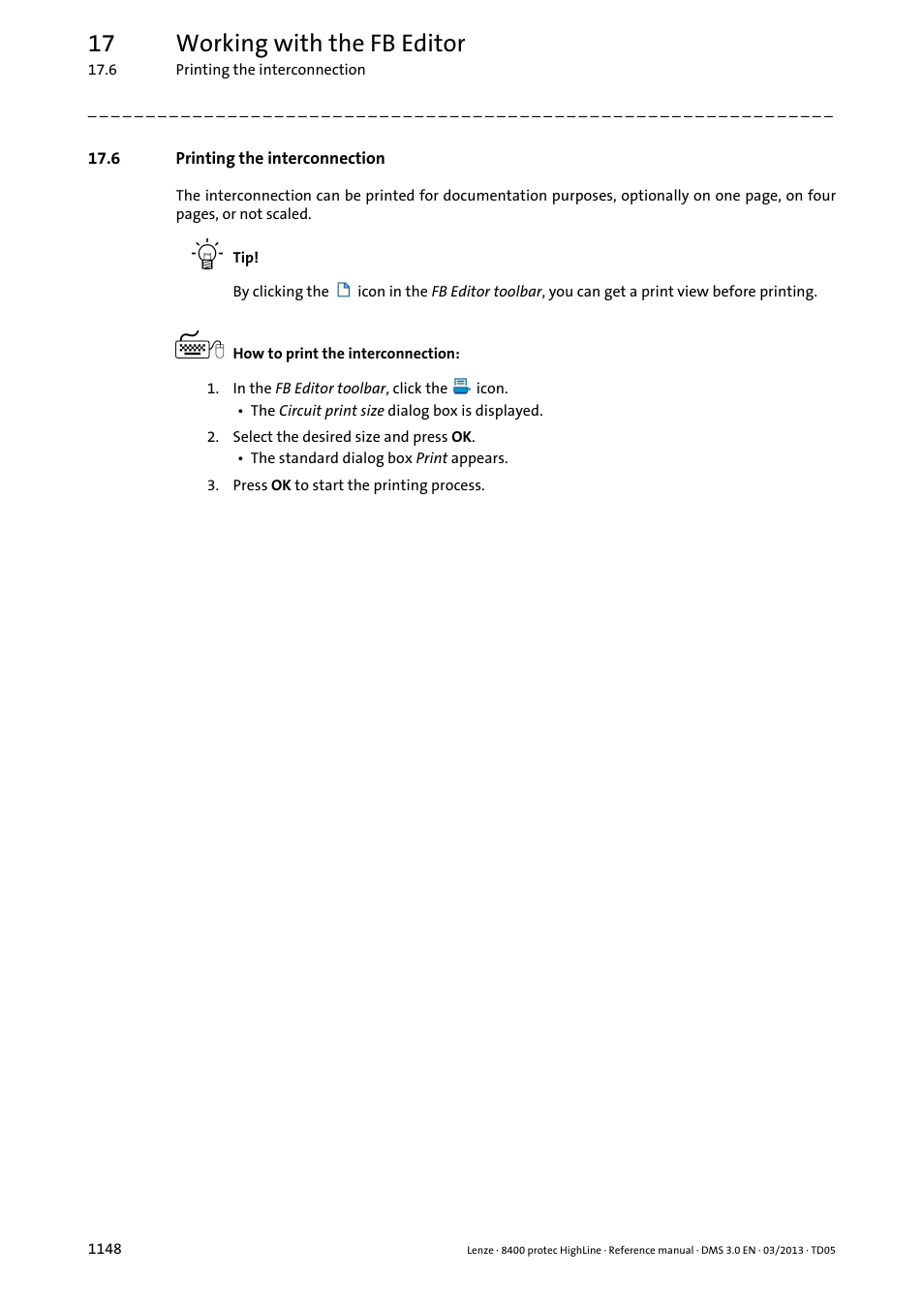 6 printing the interconnection, 6 printing the interconnection 8, Printing the interconnection ( 1148) | 17 working with the fb editor | Lenze 8400 User Manual | Page 1148 / 1494