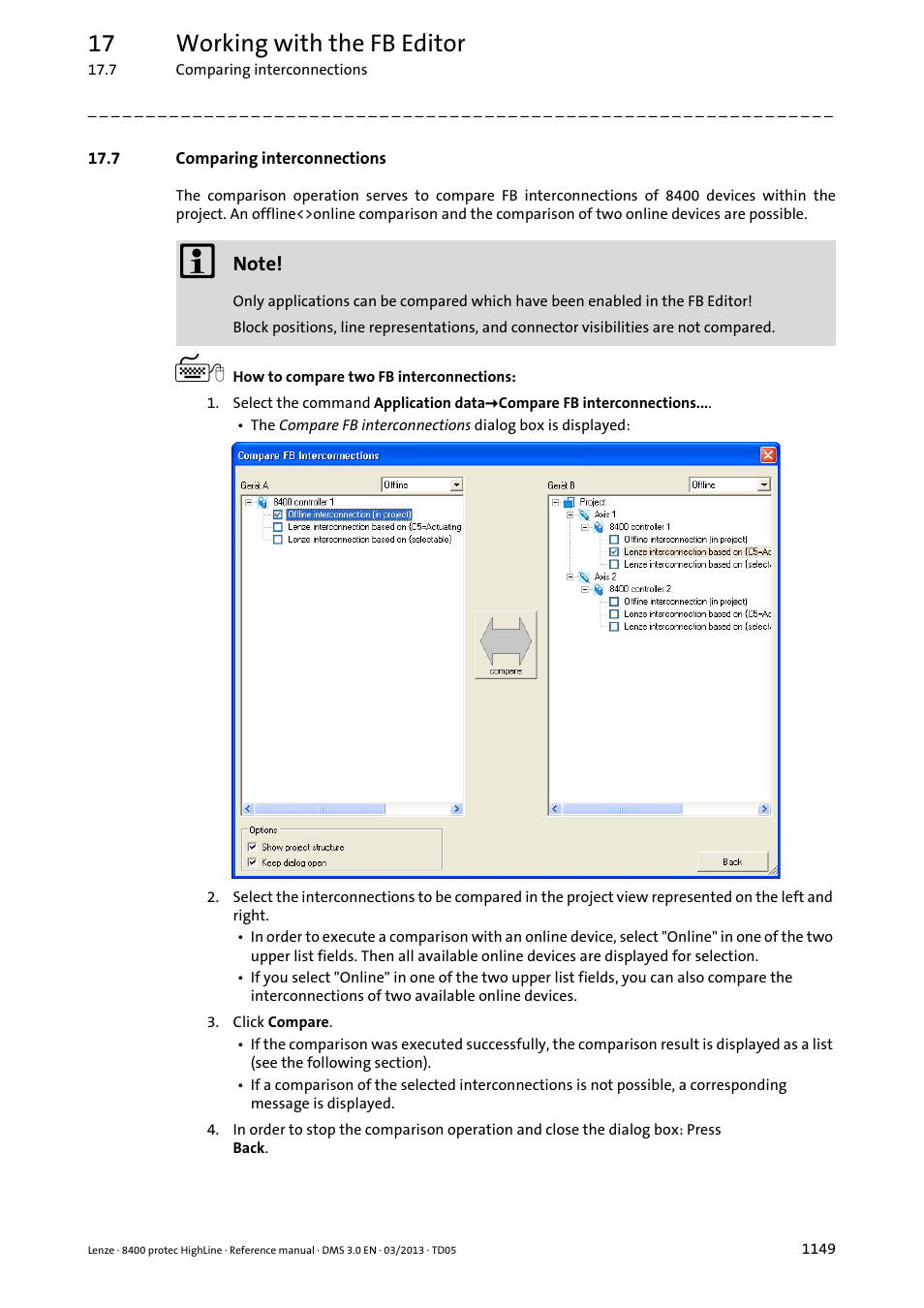 7 comparing interconnections, 7 comparing interconnections 9, 17 working with the fb editor | Lenze 8400 User Manual | Page 1149 / 1494