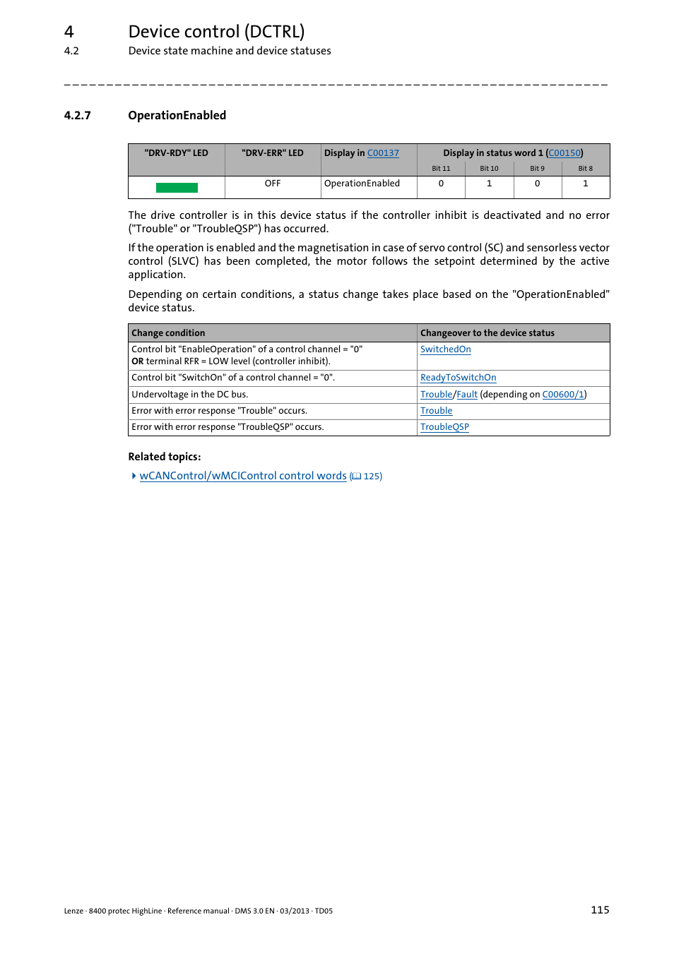 7 operationenabled, Operationenabled, Status | 4device control (dctrl) | Lenze 8400 User Manual | Page 115 / 1494