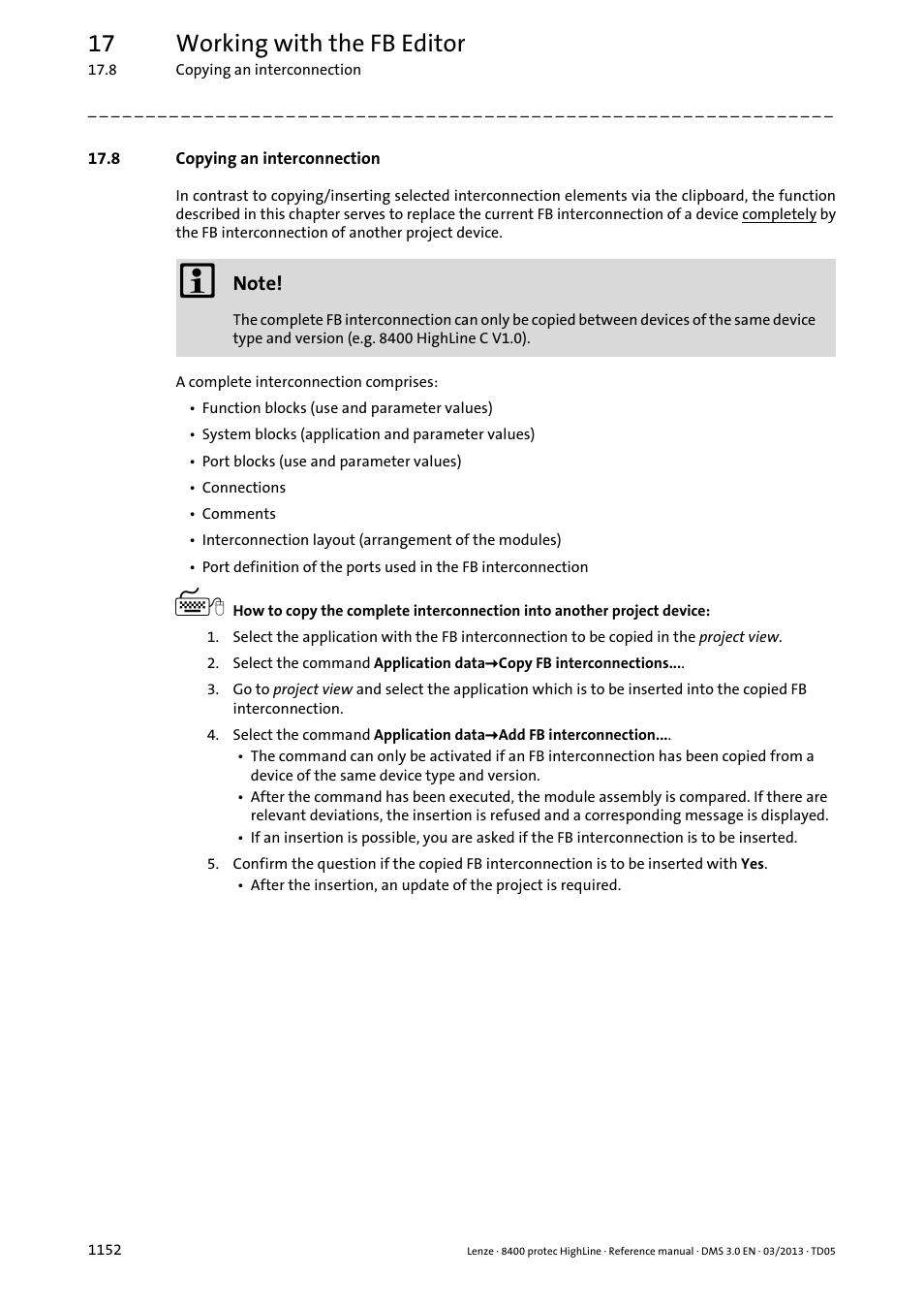 8 copying an interconnection, 8 copying an interconnection 2, 17 working with the fb editor | Lenze 8400 User Manual | Page 1152 / 1494