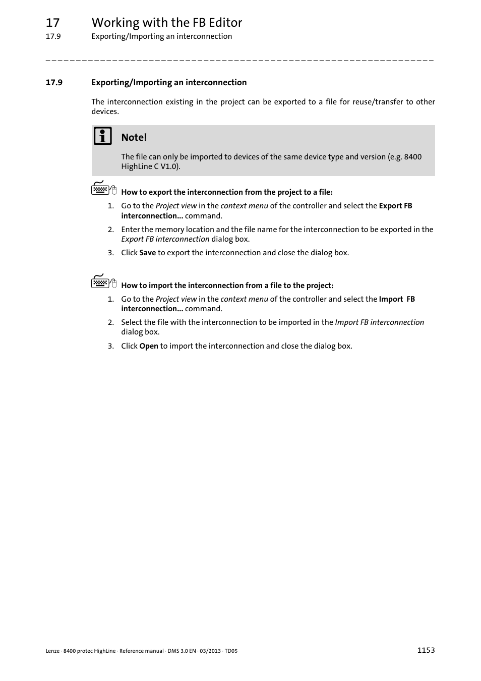 9 exporting/importing an interconnection, Exporting/importing an interconnection 3, 17 working with the fb editor | Lenze 8400 User Manual | Page 1153 / 1494