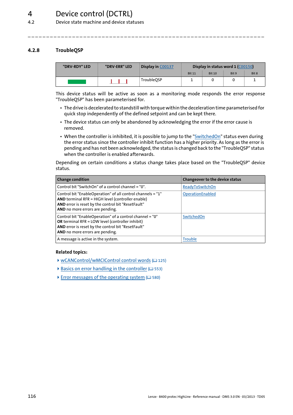 8 troubleqsp, Troubleqsp, 4device control (dctrl) | Lenze 8400 User Manual | Page 116 / 1494