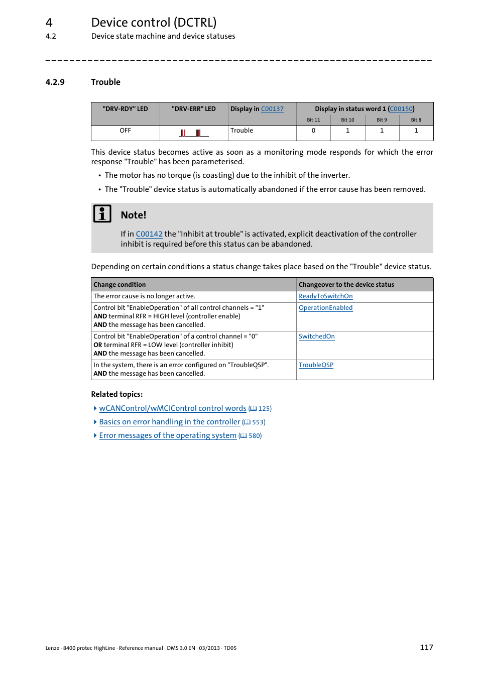 9 trouble, Trouble, 4device control (dctrl) | Lenze 8400 User Manual | Page 117 / 1494