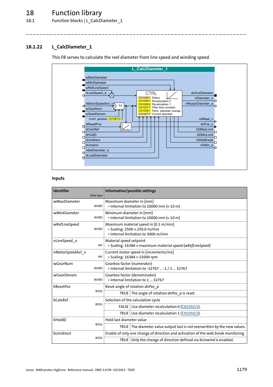 22 l_calcdiameter_1, 22 l_calcdiameter_1 9, L_calcdiameter_1 | Nmoto, Bresetp, Diam, Current dia, 18 function library | Lenze 8400 User Manual | Page 1179 / 1494