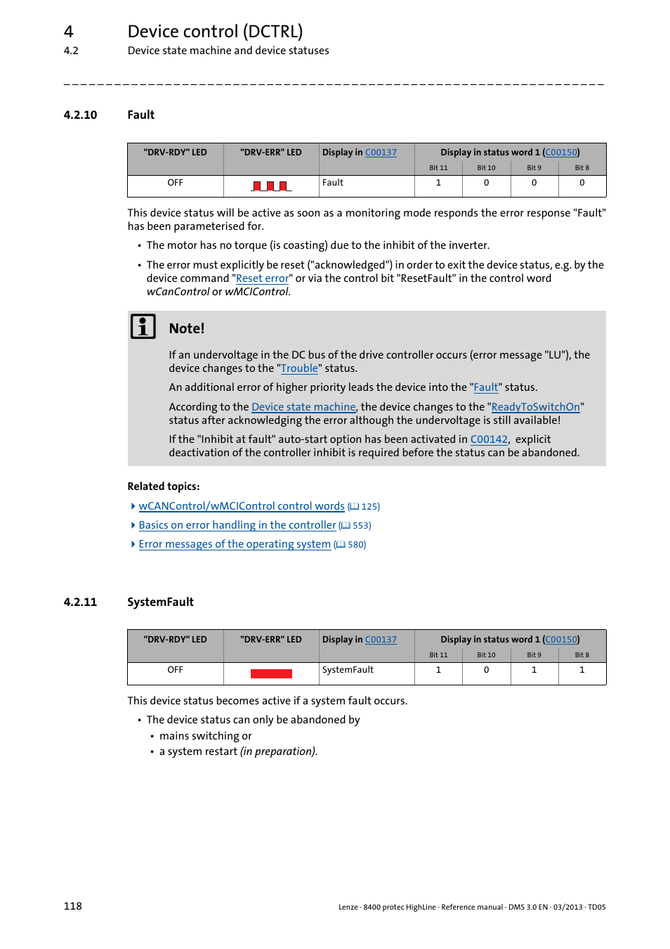 10 fault, 11 systemfault, Fault | Systemfault, 4device control (dctrl) | Lenze 8400 User Manual | Page 118 / 1494