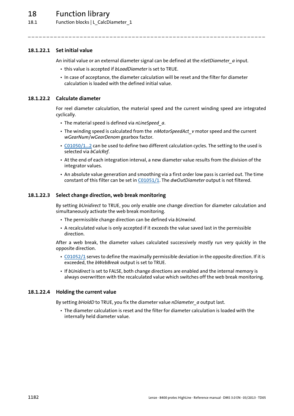 1 set initial value, 2 calculate diameter, 3 select change direction, web break monitoring | 4 holding the current value, Set initial value 2, Calculate diameter 2, Select change direction, web break monitoring 2, Holding the current value 2, 18 function library | Lenze 8400 User Manual | Page 1182 / 1494