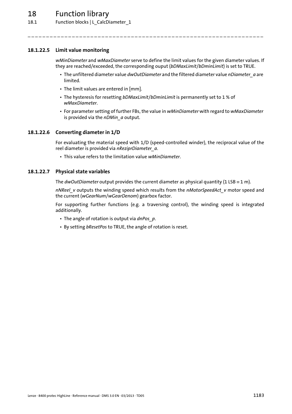 5 limit value monitoring, 6 converting diameter in 1/d, 7 physical state variables | Limit value monitoring 3, Converting diameter in 1/d 3, Physical state variables 3, 18 function library | Lenze 8400 User Manual | Page 1183 / 1494