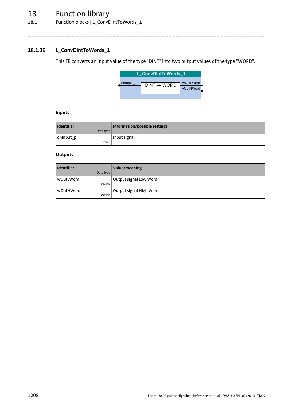 39 l_convdinttowords_1, 39 l_convdinttowords_1 8, L_convdinttowords_1 | 18 function library | Lenze 8400 User Manual | Page 1208 / 1494