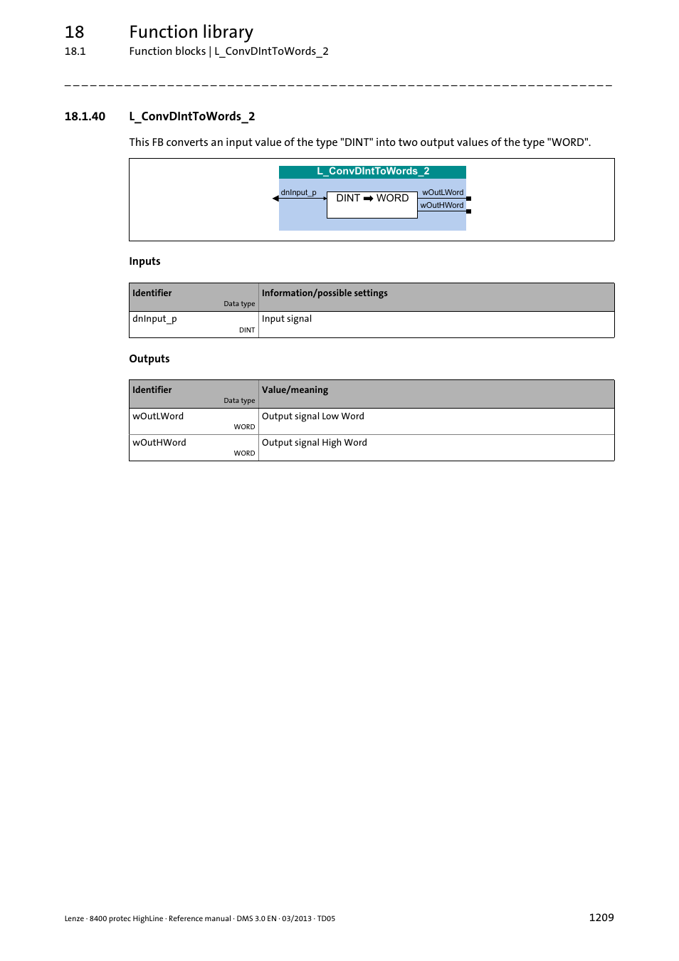 40 l_convdinttowords_2, 40 l_convdinttowords_2 9, L_convdinttowords_2 | 18 function library | Lenze 8400 User Manual | Page 1209 / 1494