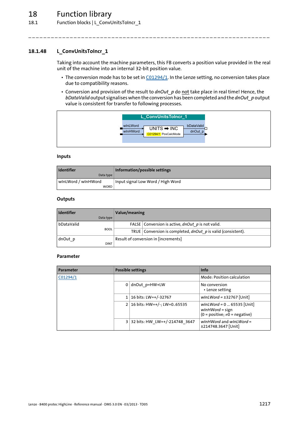 48 l_convunitstoincr_1, 48 l_convunitstoincr_1 7, L_convunitstoincr_1 | Winl, Winh, Poscal, 18 function library | Lenze 8400 User Manual | Page 1217 / 1494