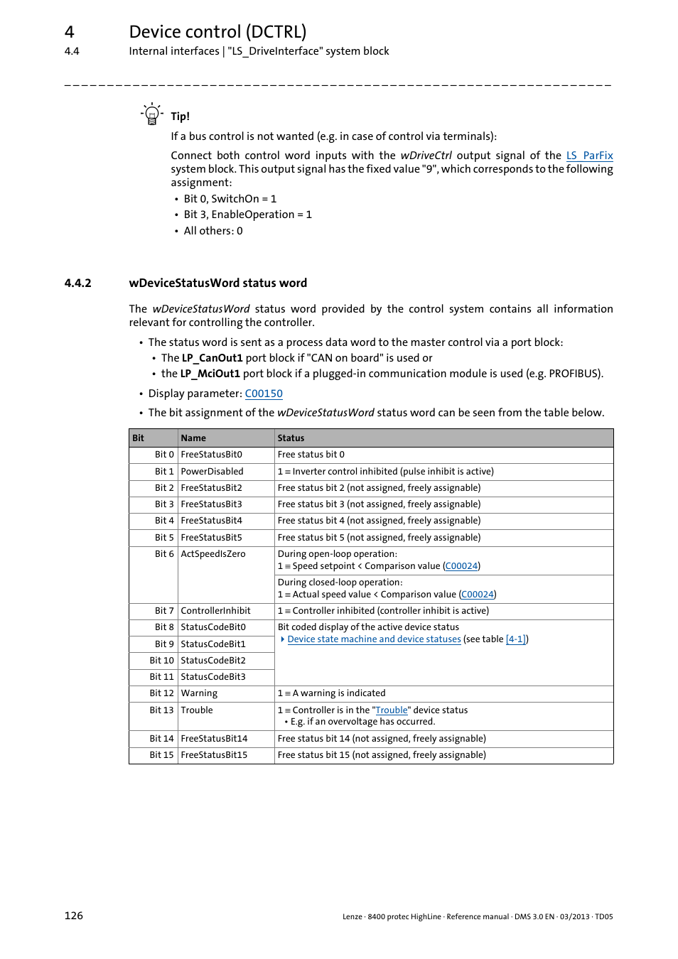 2 wdevicestatusword status word, Wdevicestatusword status word, Wdevicestatusword | Status word, 4device control (dctrl) | Lenze 8400 User Manual | Page 126 / 1494