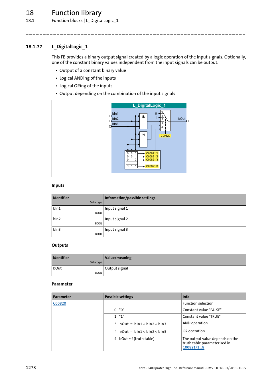 77 l_digitallogic_1, 77 l_digitallogic_1 8, L_digitallogic | L_digitallogic_1, 18 function library | Lenze 8400 User Manual | Page 1278 / 1494