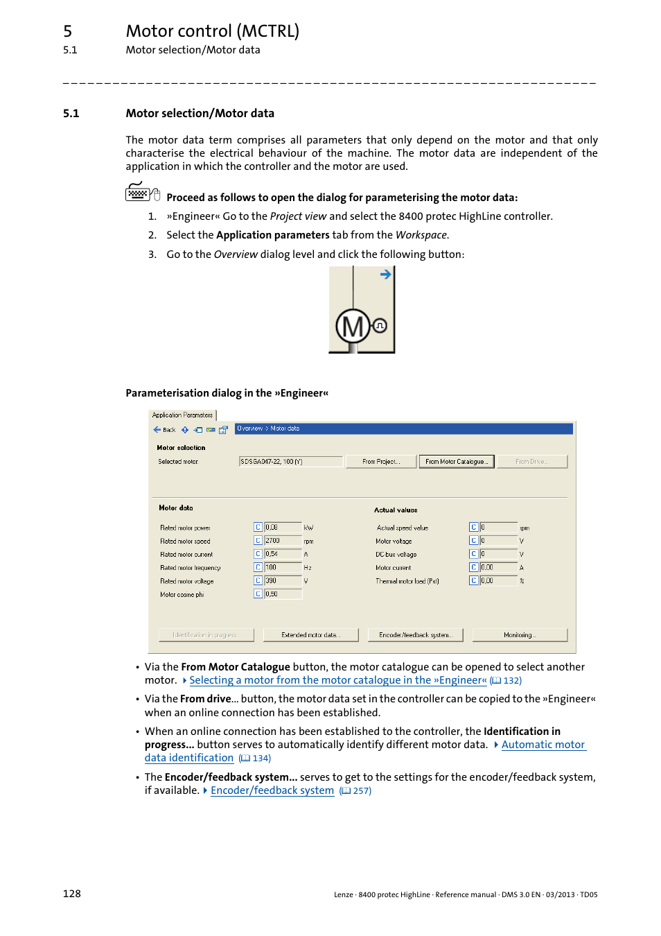 1 motor selection/motor data, Motor selection/motor data, 5motor control (mctrl) | Lenze 8400 User Manual | Page 128 / 1494