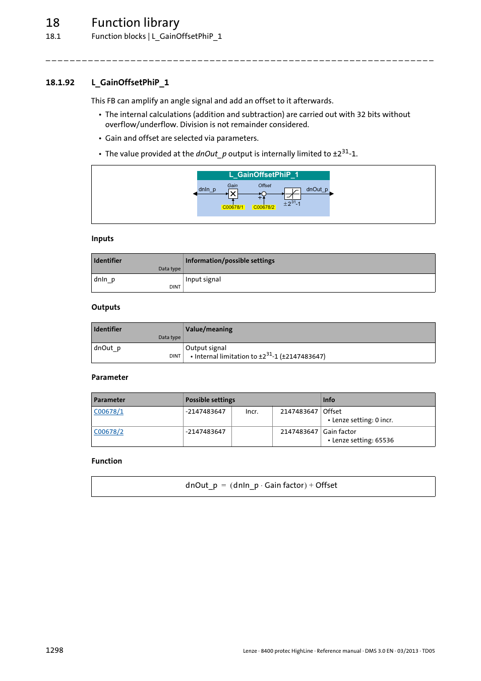 92 l_gainoffsetphip_1, 92 l_gainoffsetphip_1 8, L_gainoffsetphip_1 | 18 function library | Lenze 8400 User Manual | Page 1298 / 1494