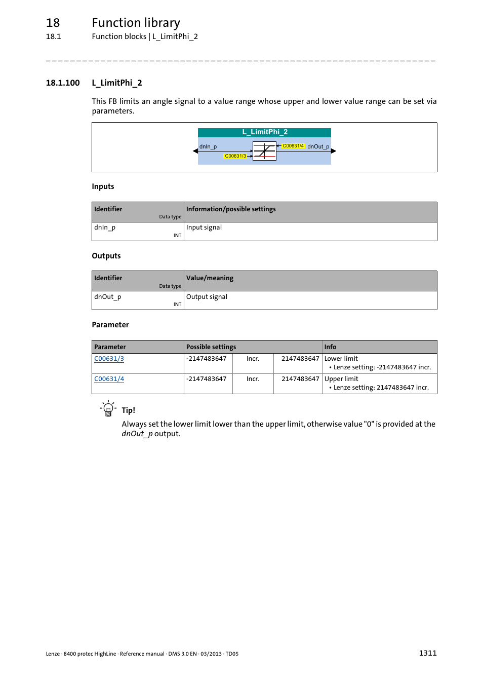 100 l_limitphi_2, 100 l_limitphi_2 1, L_limitphi_2 | 18 function library | Lenze 8400 User Manual | Page 1311 / 1494