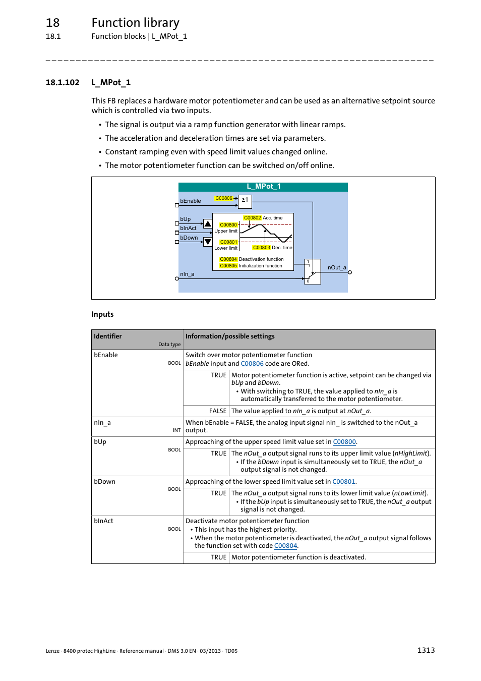 102 l_mpot_1, 102 l_mpot_1 3, E the | L_mpot_1, Function blo, L_mpot, 18 function library | Lenze 8400 User Manual | Page 1313 / 1494