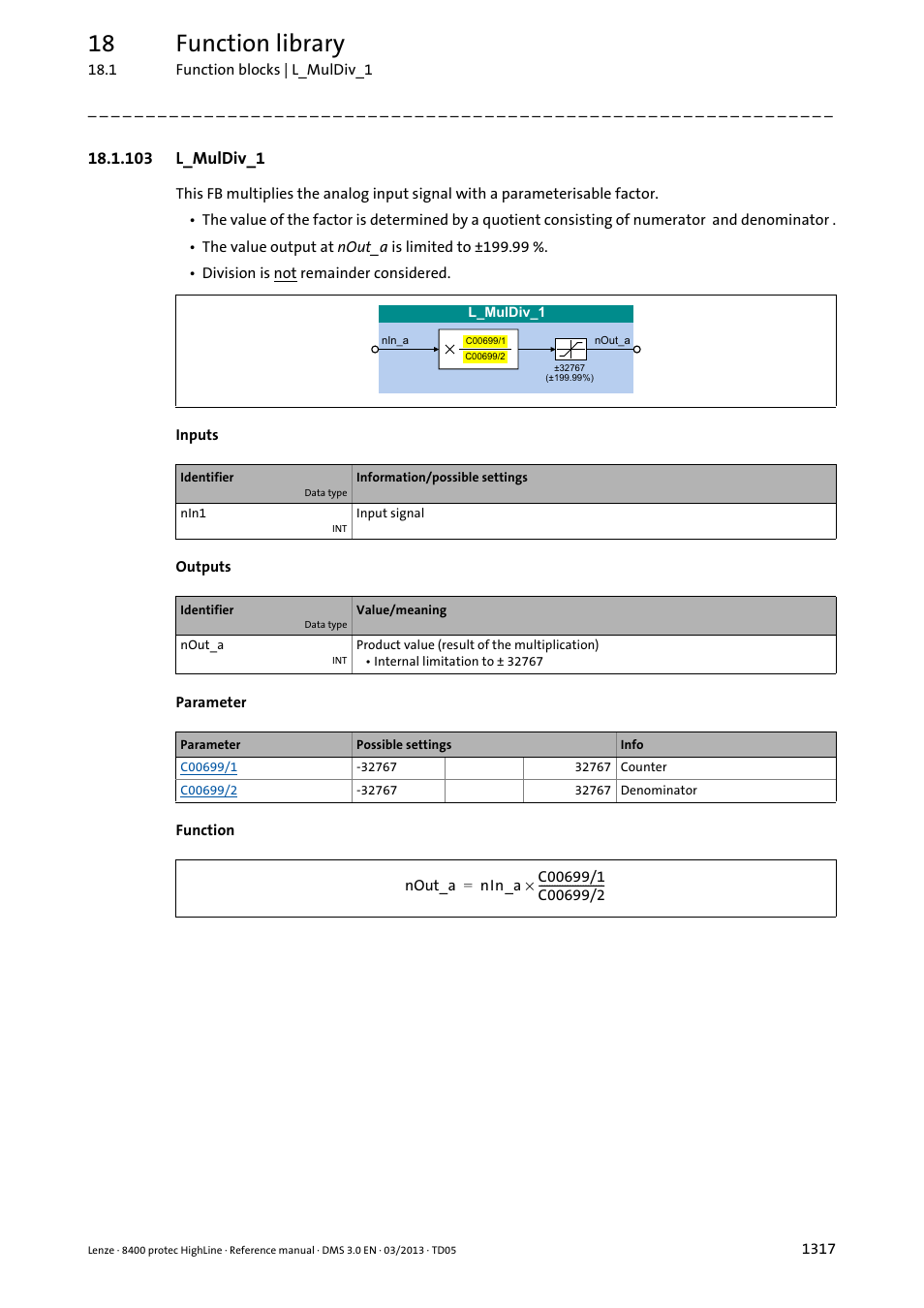 103 l_muldiv_1, 103 l_muldiv_1 7, L_muldiv | L_muldiv_1, 18 function library | Lenze 8400 User Manual | Page 1317 / 1494