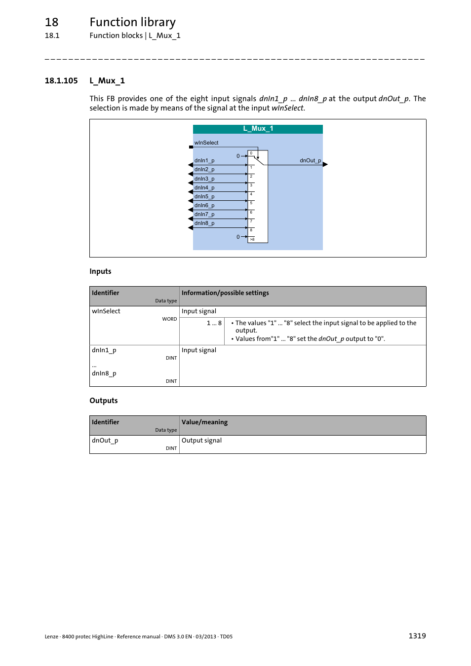 105 l_mux_1, 105 l_mux_1 9, L_mux_1 | 18 function library | Lenze 8400 User Manual | Page 1319 / 1494