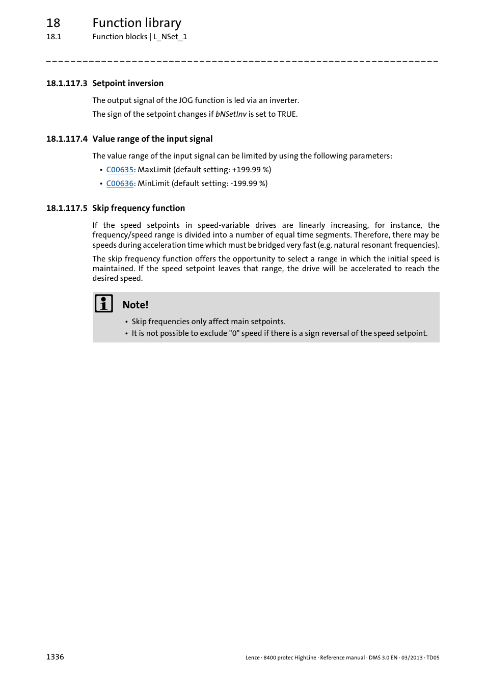 3 setpoint inversion, 4 value range of the input signal, 5 skip frequency function | 3 setpoint inversion 6, 4 value range of the input signal 6, 5 skip frequency function 6, 18 function library | Lenze 8400 User Manual | Page 1336 / 1494