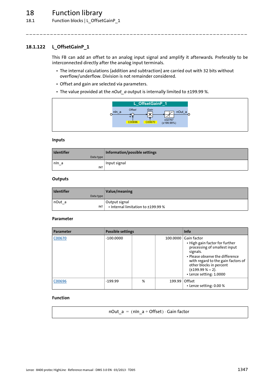 122 l_offsetgainp_1, 122 l_offsetgainp_1 7, L_offsetgainp_1 | L_offsetgainp_2, L_offsetgainp_3, 18 function library | Lenze 8400 User Manual | Page 1347 / 1494