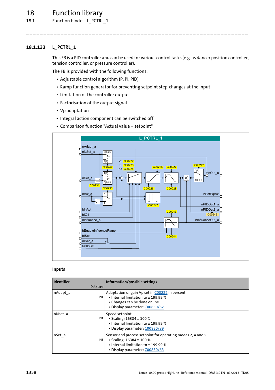 133 l_pctrl_1, 133 l_pctrl_1 8, E the | L_pctrl_1, Block, L_pctrl, 18 function library | Lenze 8400 User Manual | Page 1358 / 1494