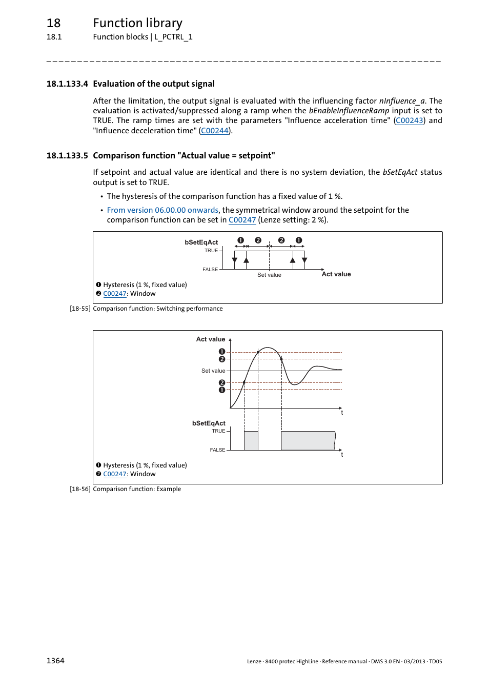 4 evaluation of the output signal, 5 comparison function "actual value = setpoint, 4 evaluation of the output signal 4 | 5 comparison function "actual value = setpoint" 4, 18 function library | Lenze 8400 User Manual | Page 1364 / 1494