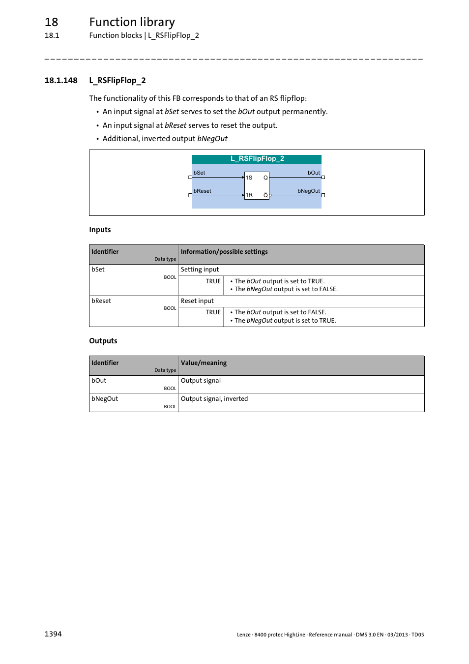 148 l_rsflipflop_2, 148 l_rsflipflop_2 4, L_rsflipflop_2 | 18 function library | Lenze 8400 User Manual | Page 1394 / 1494