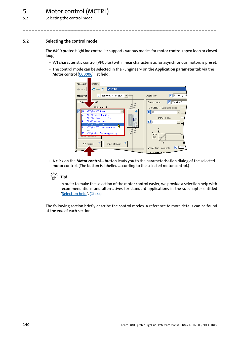 2 selecting the control mode, Selecting the control mode, 5motor control (mctrl) | Lenze 8400 User Manual | Page 140 / 1494