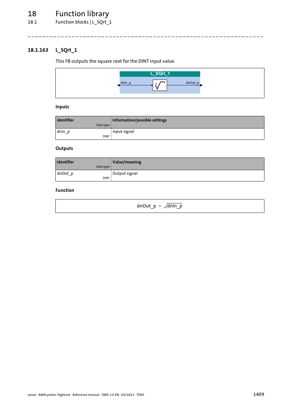 163 l_sqrt_1, 163 l_sqrt_1 9, L_sqrt_1 | 18 function library | Lenze 8400 User Manual | Page 1409 / 1494