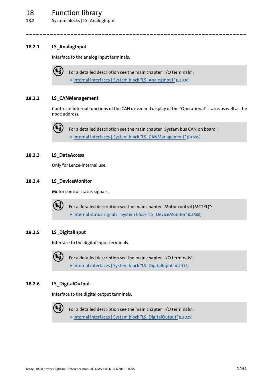 1 ls_analoginput, 2 ls_canmanagement, 3 ls_dataaccess | 4 ls_devicemonitor, 5 ls_digitalinput, 6 ls_digitaloutput, Ls_analoginput 1, Ls_canmanagement 1, Ls_dataaccess 1, Ls_devicemonitor 1 | Lenze 8400 User Manual | Page 1431 / 1494