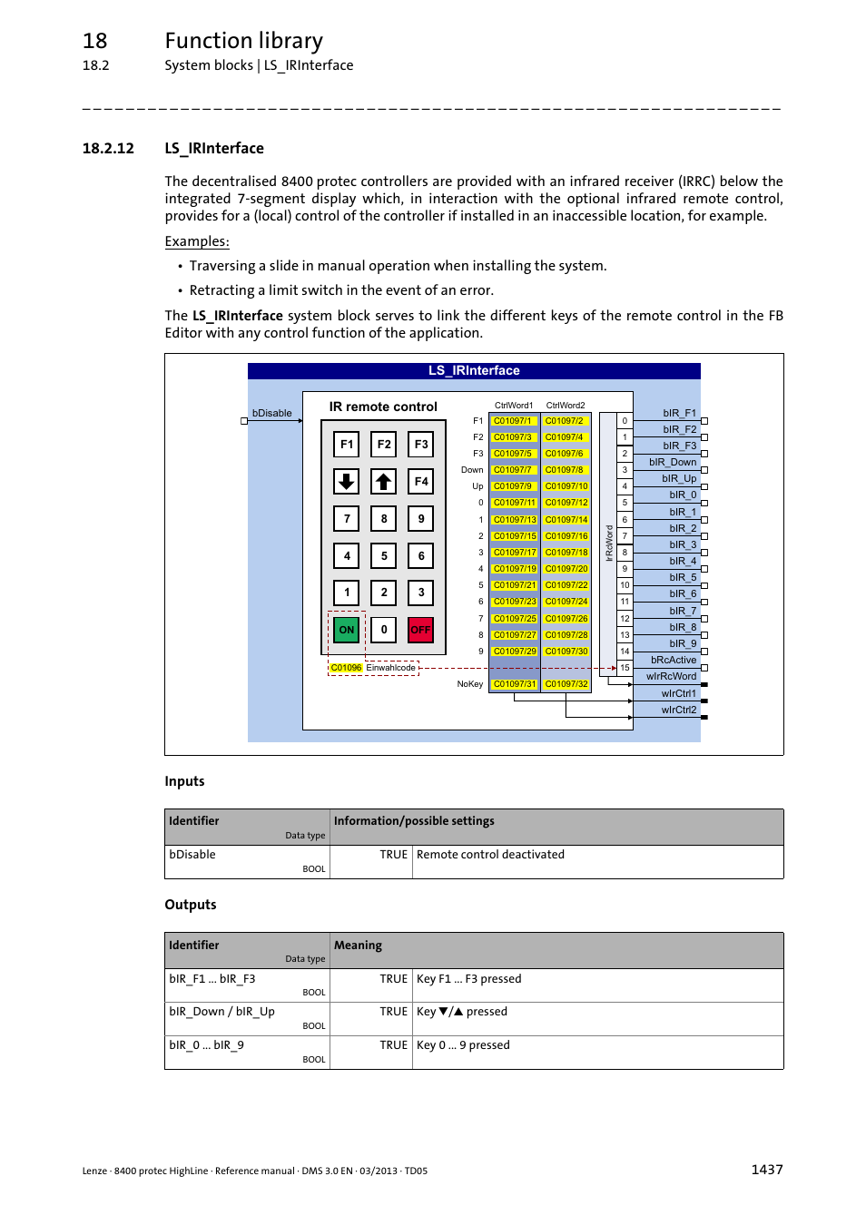 12 ls_irinterface, 12 ls_irinterface 7, Infrared remote control | Ls_irinterface, 18 function library, 2 system blocks | ls_irinterface | Lenze 8400 User Manual | Page 1437 / 1494
