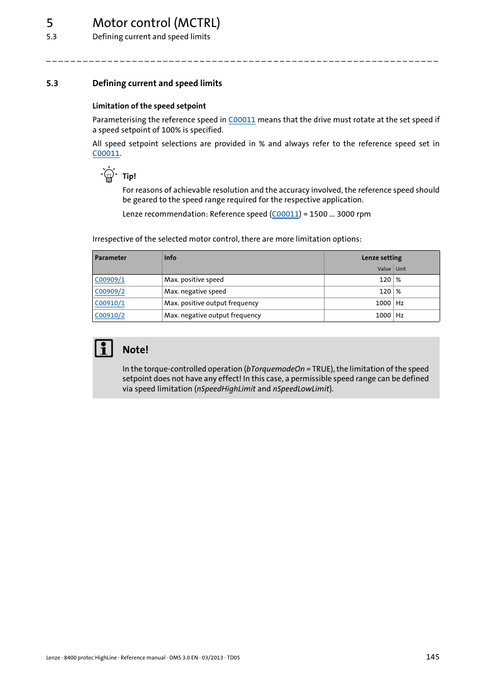 3 defining current and speed limits, Defining current and speed limits, 5motor control (mctrl) | Lenze 8400 User Manual | Page 145 / 1494