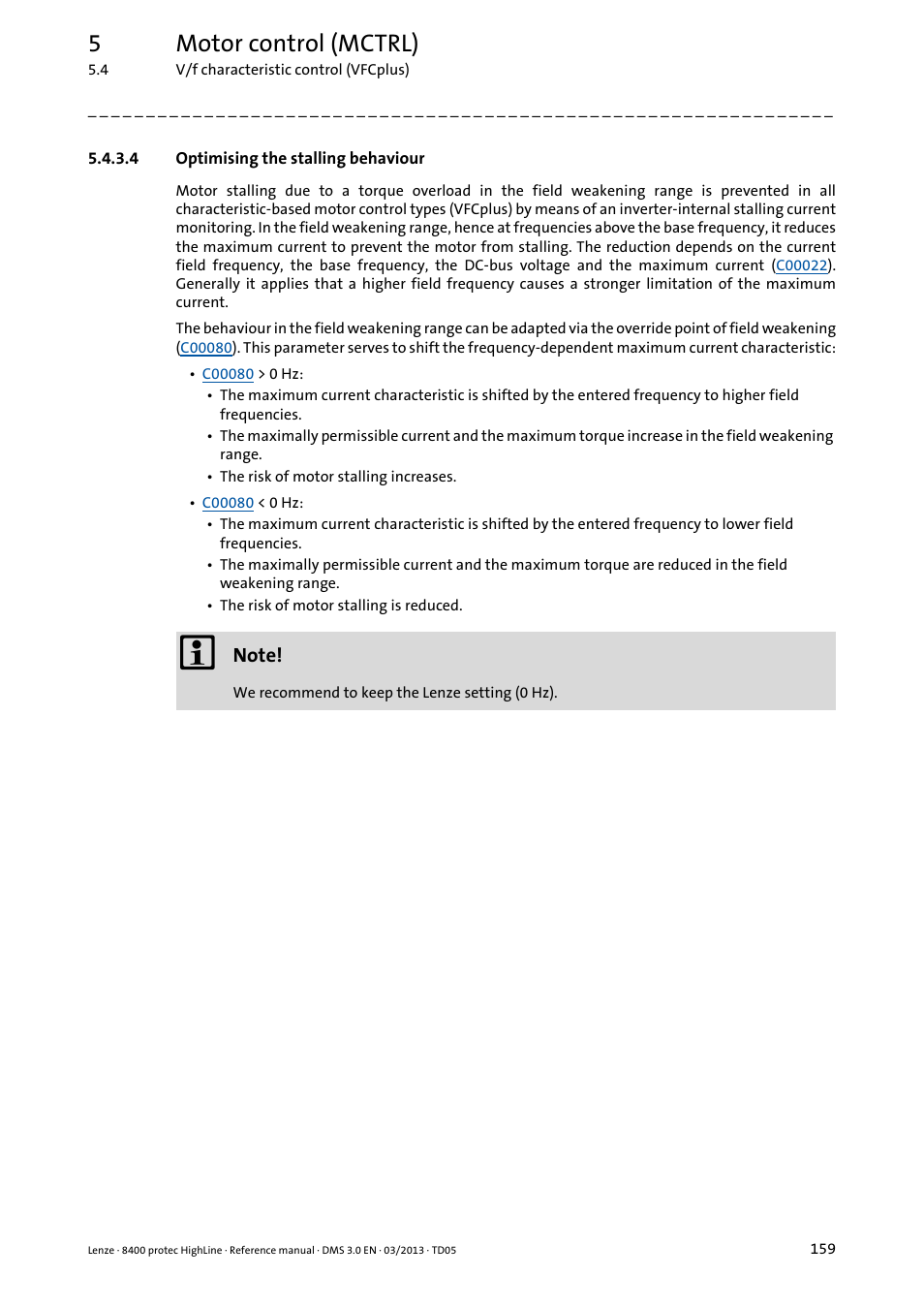 4 optimising the stalling behaviour, Optimising the stalling behaviour, 5motor control (mctrl) | Lenze 8400 User Manual | Page 159 / 1494