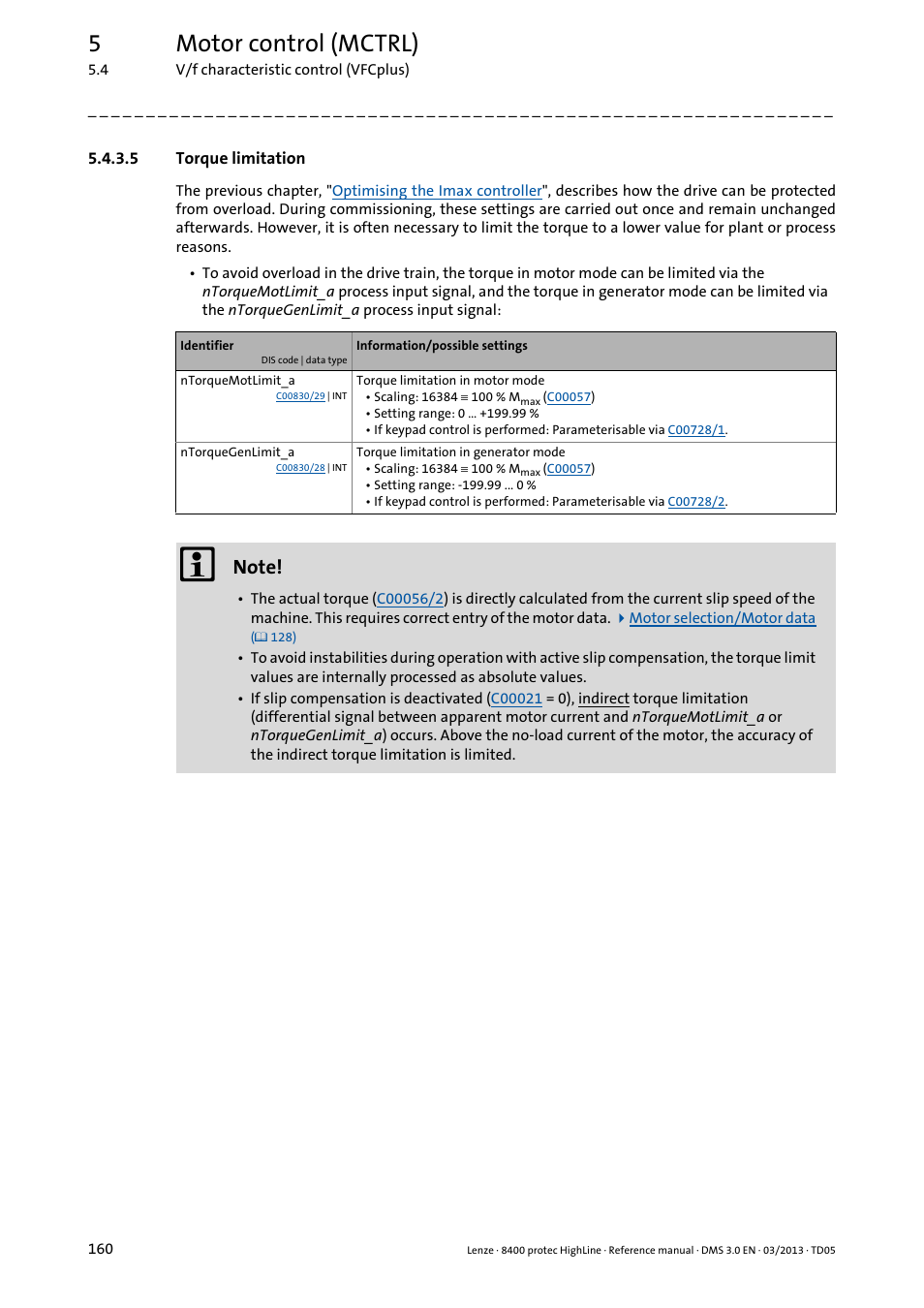 5 torque limitation, Torque limitation, 5motor control (mctrl) | Lenze 8400 User Manual | Page 160 / 1494