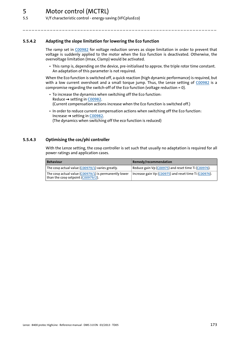 3 optimising the cos/phi controller, Optimising the cos/phi controller, 5motor control (mctrl) | Lenze 8400 User Manual | Page 173 / 1494